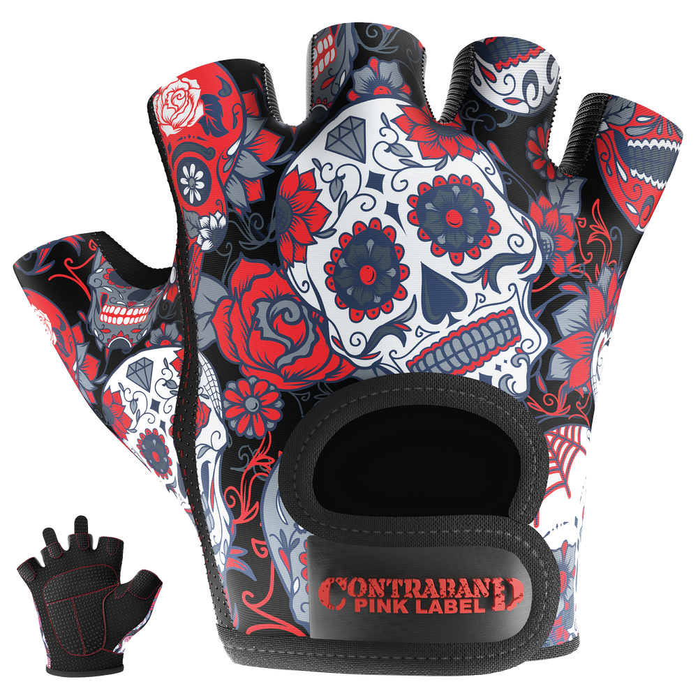 Contraband Pink Label 5237 Womens Sugar Skull Designer Lifting Gloves