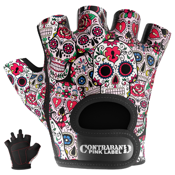Sugar skull lifting gloves, back and palm, White