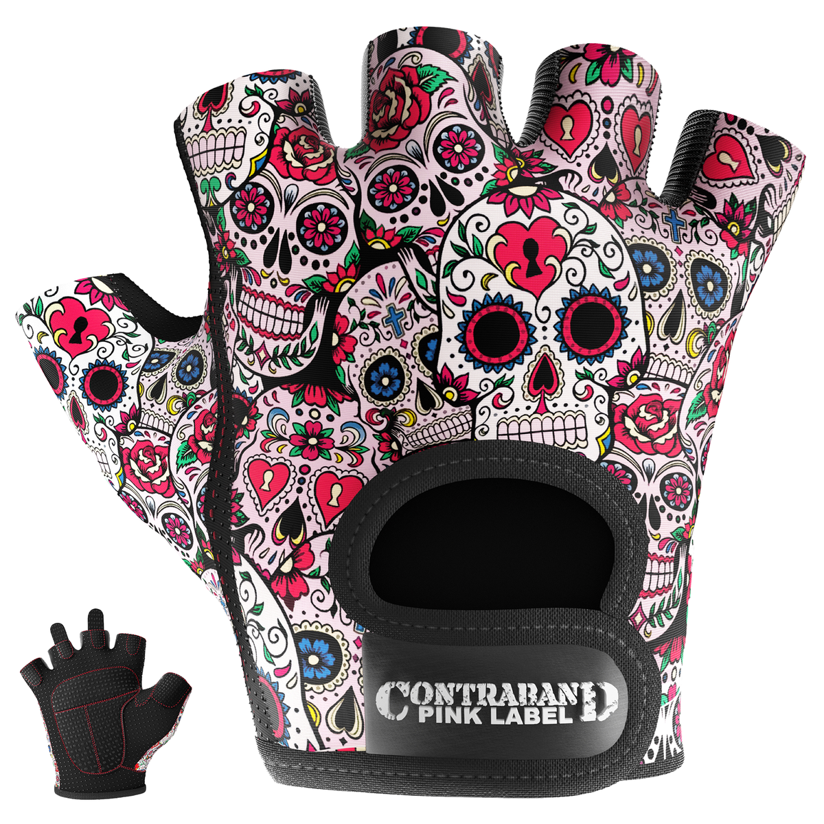 Contraband Pink Label 5237 Womens Design Series Sugar Skull Lifting Gloves (Pair)
