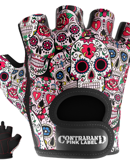 Contraband Pink Label 5237 Womens Design Series Sugar Skull Lifting Gloves (Pair)