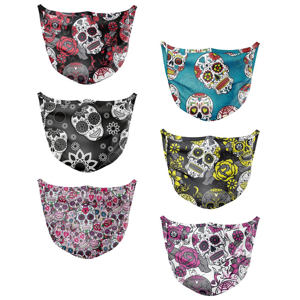 Contraband Pink Label 13237 Sugar Skull Sport Face Cover/Sport Mask - Polyester Washable & Breathable - 6 Colors (Sold AS A Set)