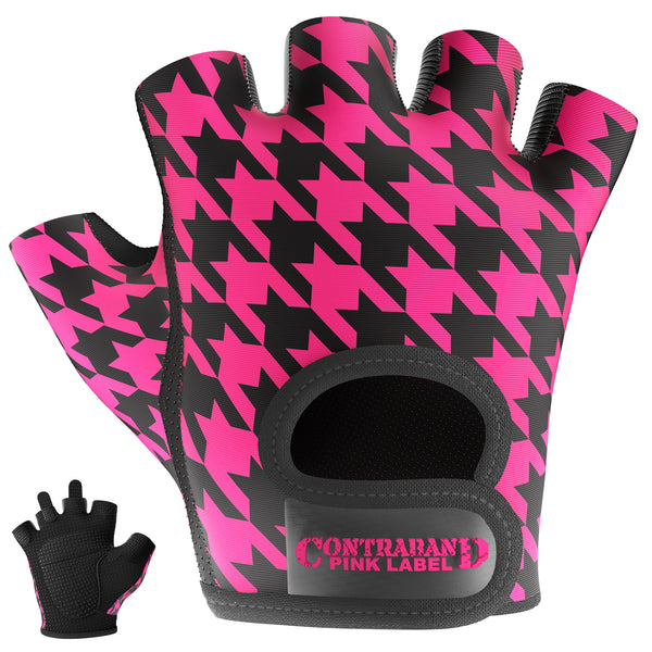 Houndstooth lifting gloves, back and palm, Black/Pink