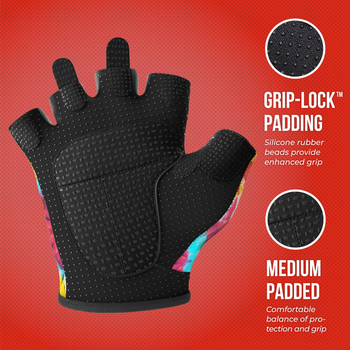 Contraband Pink Label 5347 Womens Design Series Spiral Tie Dye Print Lifting & Rowing Gloves w/ Grip-Lock Padding (Pair) Medium / Rainbow