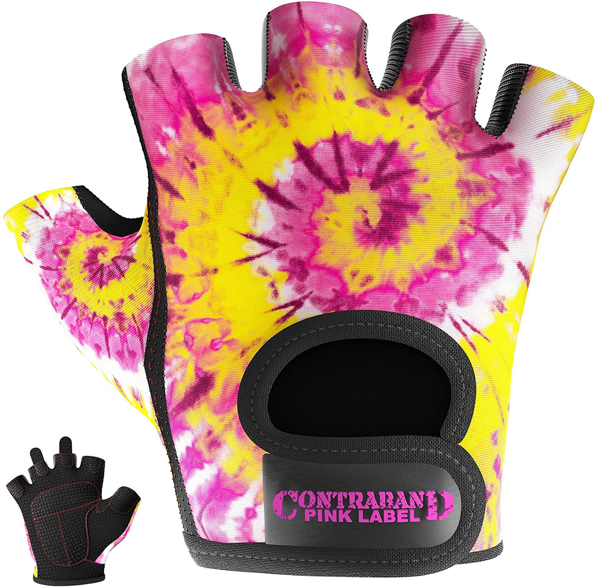 Contraband Pink Label 5347 Womens Design Series Spiral Tie Dye Print Lifting & Rowing Gloves w/ Grip-Lock Padding (Pair) Medium / Pink Yellow